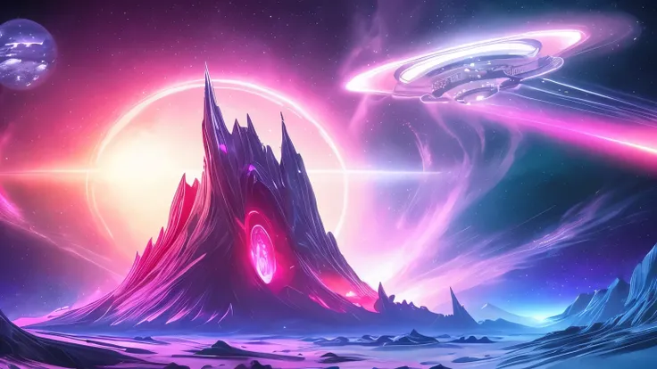 A breathtaking cosmic scene with vibrant nebulae in neon pink, blue, and purple, glowing planets with high contrast, and a futuristic spaceship floating in the colorful void of space