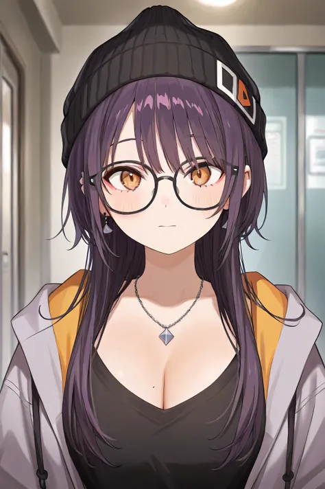 emo gamer girl with glasses on. put beanie on her. hime long haircut and outfit looks like metalhead. looks emo but approachable. make it as png and leave alot of spaces around her image. make her a lil chubby but not to chubby, and make it mommy type or m...