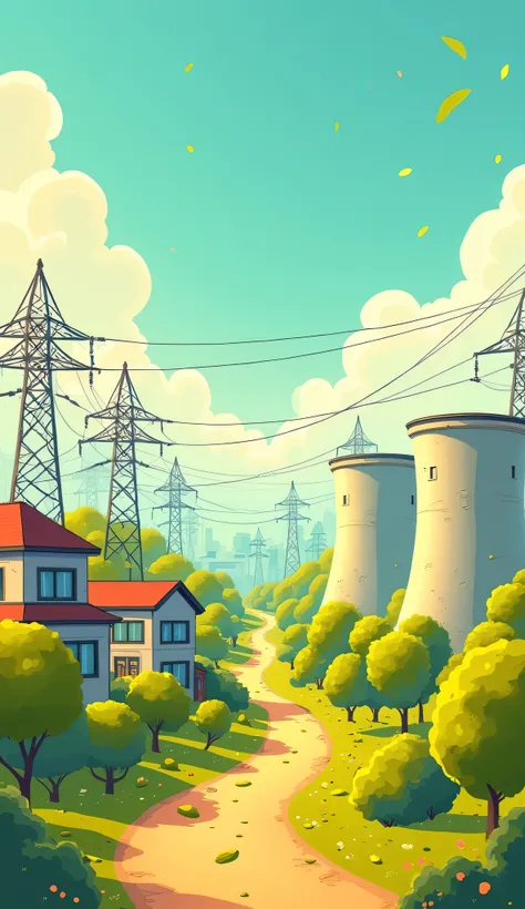 A city powered by small nuclear reactors, with power lines stretching across the skyline and energy bills dropping to zero, whimsical cartoon design, bright yellows and soft blues with an optimistic glow, revolutionary and future-focused.