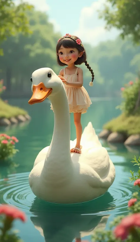  A girl is standing on a duck