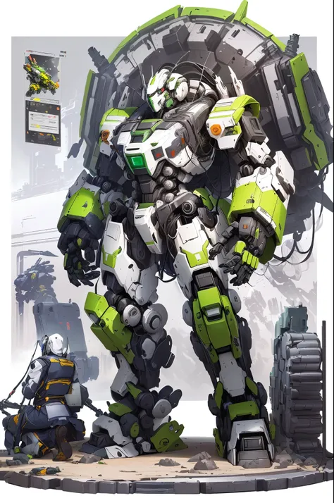 a close up of a robot with a large green and white suit, mechanized art concept, cool mecha style, alexandre ferra mecha, mecha art, mech suit, mech concept art, an anime large mecha robot, gear mecha, mecha suit, modern mecha anime, mecha asthetic, tremen...