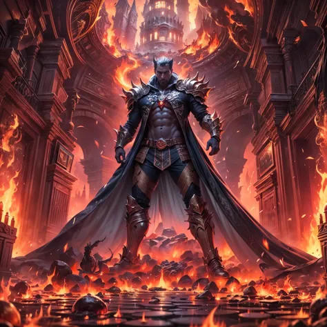 (best quality,4k,8k,highres,masterpiece:1.2),ultra-detailed,(realistic,photorealistic,photo-realistic:1.37), a bust up shot of Guts from the anime (Berserk) standing in the middle of demonic dark flame palace, dark ages, demonic fire corridor that reflects...