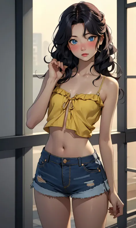 masterpiece, high detail, una chica, Eunchae, adolescent, beautiful, Korean, black hair, wavy hair, blue eyes, blouse, shorts, blush, flat chest, pretty legs, sexy pose, textured skin, standing, detail in the hands, head on,