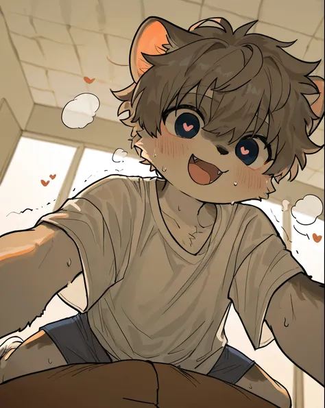 source_ furry， furry male，elementary school students，((boy ，Cubs )),Dog boy  ,short hair,masterpiece, newest,absurdres, incredibly absurdres, bright eyes, detailed eyes,short hair,first-person view，  messy hair, blush,laugh, head tilt，White Socks，loose clo...