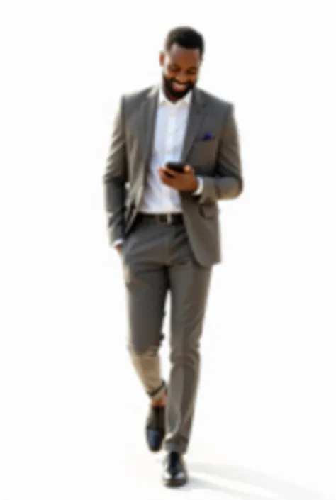 A full-body image of a well-dressed Ethiopian man standing and using his phone. He is walking and smiling while making a friendly Ethiopian gesture, such as a slight bow of the head or placing his hand on his chest as a greeting. He wears stylish modern at...