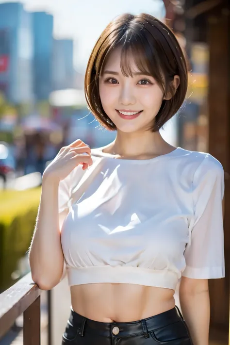 (( top quality)),(( best image quality)),(('s greatest masterpiece)), professional lighting､ 1 Japanese woman ,20 years old,((Closeup from lower body))､ looking at camera､( pixie cut hair)､( short cut hair)､ pretty face､ has a big smile､ sparkling eyes ､ s...