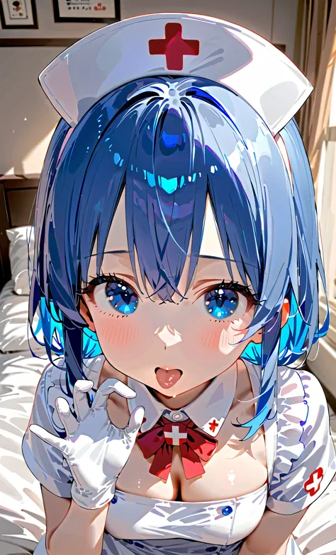 Masterpiece, Super Masterpiece, Ultimate Masterpiece, Blowjob Gesture, Girl, Blue Hair, Blue Eyes, Aoi Kiriya, Nurse, Gloves, From the Chest, Blowjob Gesture Close-up, Blowjob Gesture Special, Loli, Small, Cute, Blowjob Gesture,