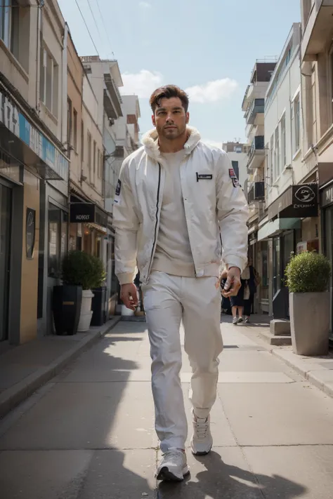 A realistic photograph of a man in a white jacket walking side by side with a super giant lion white thick fur, both walking directly towards the camera in a straight line, with a futuristic city as the background