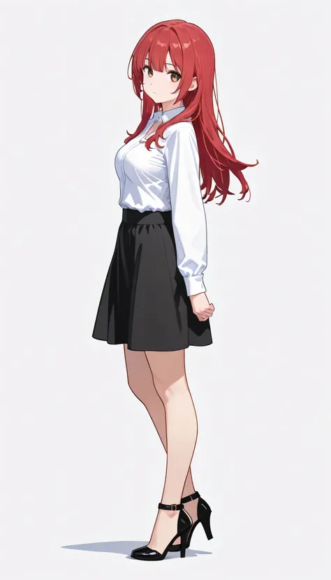 1girl, standing, looking at viewer, wearing a white shirt, heels, black skirt, medium breasts, red hair, long hair, white background, full body, 2d, 