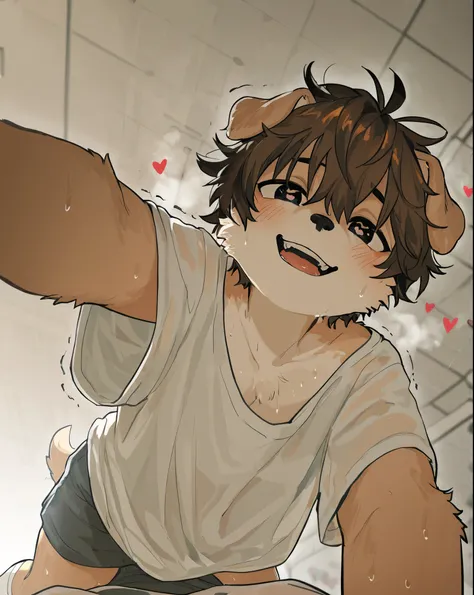 source_ furry， furry male，elementary school students，((boy ，Cubs )),Dog boy  ,short hair,masterpiece, newest,absurdres, incredibly absurdres, bright eyes, detailed eyes,short hair,first-person view，  messy hair, blush,laugh, head tilt，White Socks，loose clo...