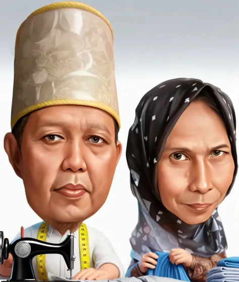 cartoon of a man and woman hijab sitting next to a sewing machine, Age 60 years, caricature illustration, caricature, caricature style, caricature!!!, potrait, cartoon portrait, by Abidin Dino, an indonesian family portrait, inspired by Basuki Abdullah, cl...