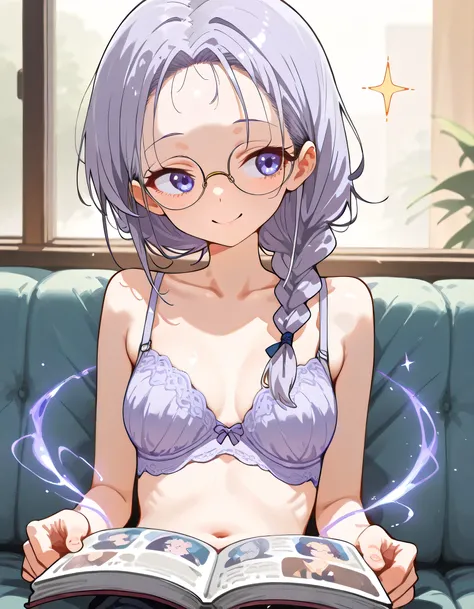 横たわる(looking away),solo,(fullbody+),black single braid hair,forehead,glasses,suprise face,reading magic book,slender slim,pastel purple bra and pantie,smile,枕,ベッド,(manga style),(illustration),