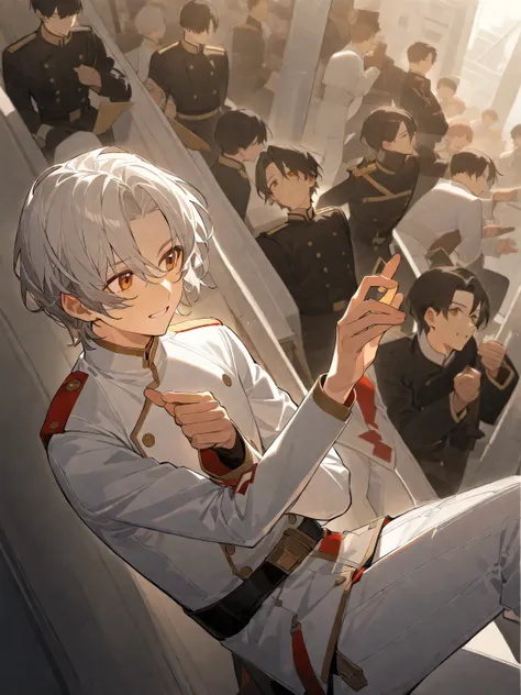 Single,Medium to short hair , A man with white medium to short hair , Handsome face in a white standing military uniform 、The handsome face, dressed in long sleeves and white pants, looked up