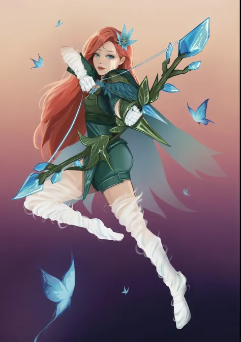 Character with red hair, legs end with white wind, end of hairs into neon light blue, turquoise cape, green and white bacgroun, blue butterflies around her, fantasy character