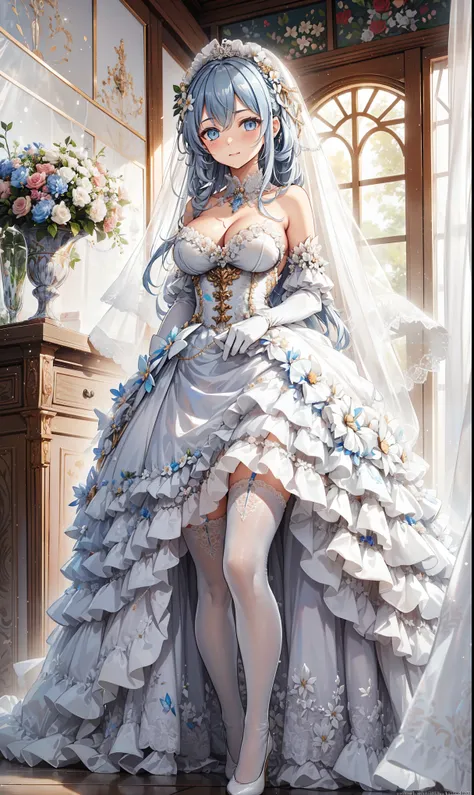  milkshake ，Attractions，  Have Fun  ，in love，( girl in white modern shirt 、Characteristics of a wedding dress、 dress and pantyhose :1.2)，(   white ruffle bow gloves   )， Silver Hair ，  golden eyes，Sacred headdress，  transparent lace  ， Gorgeous Dress  ，  a...