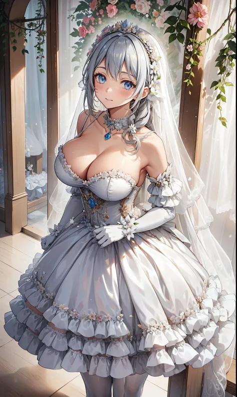  milkshake ，Attractions，  Have Fun  ，in love，( girl in white modern shirt 、Characteristics of a wedding dress、 dress and pantyhose :1.2)，(   white ruffle bow gloves   )， Silver Hair ，  golden eyes，Sacred headdress，  transparent lace  ， Gorgeous Dress  ，  a...