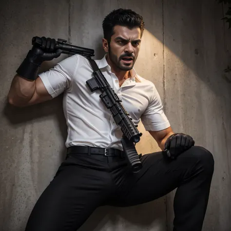 40 years old、handsome guy , One Man, black suit、  white shirt、black slim pants、Ekin Mert Daymaz。、Garden at Night。　Menacing look　 stubble　　　Under attack　 Gunfight、　 angry　Shooting a gun　 as seen from below。 I'm screaming with my mouth wide open　 upper body ...