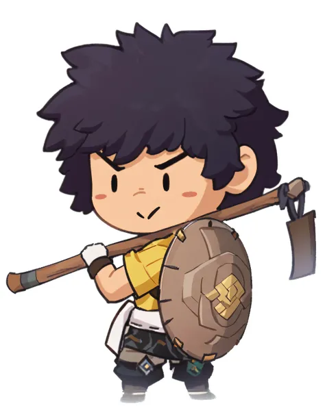 cartoon boy Using an axe  and shield holding shield and shield,  otaku from Ganges  , Red Cliff, 拿着武器和盾牌,   a character modeled after Haggis,  Samurai with African hairstyle ,   role-playing game style  ,  MapleStory Character Art ,  Akira from Chinese myt...