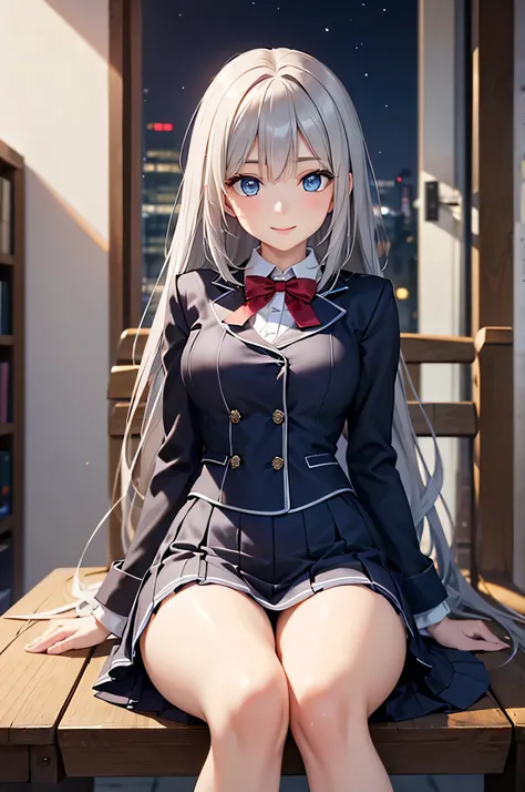  adult woman,  alone,  sexy, 8k resolution,(( top quality)),  ultra high resolution, (A gentle smile), ( light blue eyes),  beautiful symmetrical face  , ( long silver hair),coat,Light Armor , skirt by humili,Realistic:1.4, by Nomi:1.4,( Masterpiece:1.2), ...