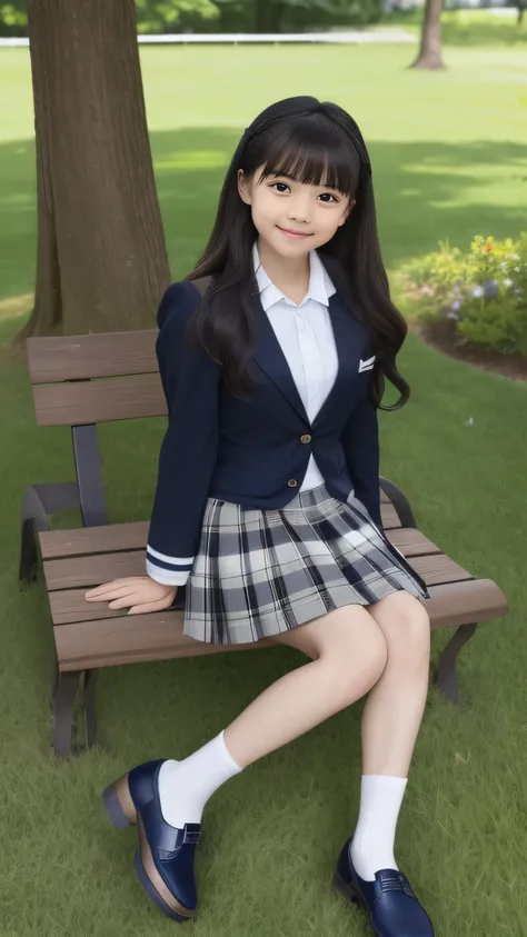  top quality、  Details、delicate、Very high degree of perfection 、 beautiful,Girls are in middle school１Grade、 black hair、cute girl eyes、Best proportions、Looks like Daidouji Tomoyo、 blue and navy tartan check formal mini pleated skirt, Slightly larger、Wearin...