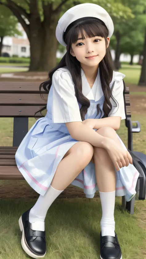  top quality、  Details、delicate、Very high degree of perfection 、 beautiful,Girls are in middle school１Grade、 black hair、cute girl eyes、Best proportions、Looks like Daidouji Tomoyo、 hugging me、 white beret、Full body photo showing shoes、( girl sitting on a pa...