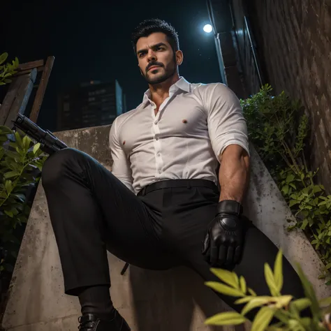 40 years old、handsome guy , One Man, black suit、  white shirt、black slim pants、Ekin Mert Daymaz。、Garden at Night。　Menacing look　 stubble　　　Under attack　 Gunfight、　 angry　Shooting a gun　 as seen from below。 I'm screaming with my mouth wide open　 upper body ...