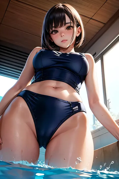 A sophisticated and intelligent young lady with sleek, dark ash bob hair and sharp, observant eyes,(((photo taken from below))),(tits),(brown eyes),(school swimsuit),pool,