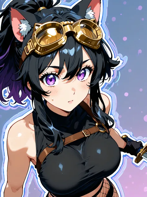 A woman with good style、Cat girl、 Thick Outline 、(Goggles and cat ears ,   Women around the world wear goggles and cat ears all the time,   she wears cutting-edge gold goggles  ),   sexy, Jet black hair in a ponytail,  purple eyes ,   sexy purple witch cos...