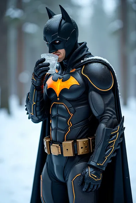 Batman Cyber-Wraith Suit  [Material: Flexible graphene material connected to AI Batcomputer for automatic response][ Color: Deep gold-red with electric blue accents that light up when it detects an enemy.]

[Motif: The carbon fiber pattern resembles digita...