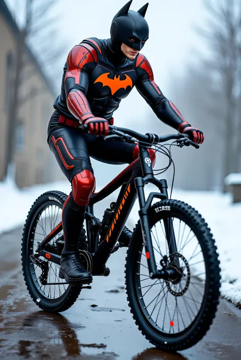 Two Batman Cyber-Wraith Suit  [Material: Flexible graphene material connected to AI Batcomputer for automatic response][ Color: Deep gold-red with electric blue accents that light up when it detects an enemy.] riding bicycle on the stones area. 

[Motif: T...