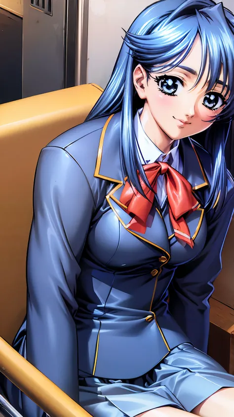 ((( in the seat))), ((Tilt to the side)), ((from below)), ( top quality), ( Masterpiece), (( portrait)),  shiny skin , smile,  school uniform,  blazer ,   medium boobs