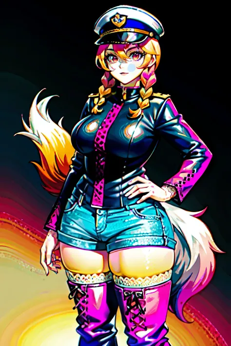 (best quality:2.0), (crisp:2.0), (highres:2.0), (((a rich yellow and pink gradient wolf tail:2.0))), anime, full body:2.0, (single image), (solo beautiful lady:2.0), (masterpiece:2.0), (detailed face:2.0), (detailed eyes:1.4), ((denim shorts:2.0)), ((thick...