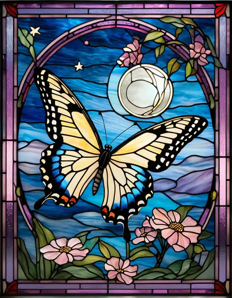 Imagine a stunning stained glass window featuring a captivating swallowtail butterfly as the centerpiece. The butterfly is displayed in an elegant pose, with its wings spread wide, showcasing vibrant colors that capture the light. The background reveals a ...