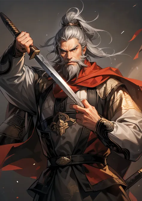 ((( picture style maintenance ))),  Koei Three Kingdoms illustration, Maintain the composition,  charming man ,  perfect face, (( Natural Hands )), ((Gray hair)), warlord, (old age), (( rich beard)), ((old age의 남성)), A seasoned old man, Create a picture ac...