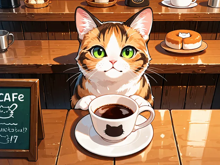 (masterpiece), (best quality), (ultra-detailed), cat cafe, cat focus,drinking cat, no human
