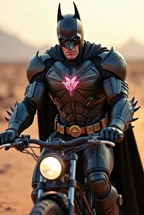 Batman super hyper realistic carechter sleek elegant armor, radiant metal, intricate detail, celestial infernal asthetics, runes and sigils, central crystal core, pulsing energy, multicolored light, prismatic glow, muscler body, riding a bicycle on the des...