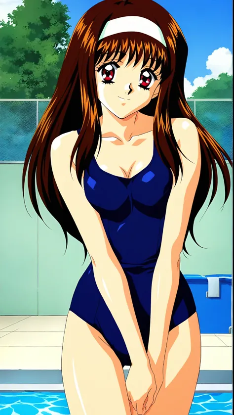 yuuki_Mizuho, one girl, (cowboy shot), Alone,  long hair,  brown hair, white hairband, 1990s \( style\), animeカラーリング,  Tiny Breasts , cleavage, (smile:1.2), ( shy ), ( school swimsuit), (The position of the chest in the swimsuit is being corrected), ( pool...