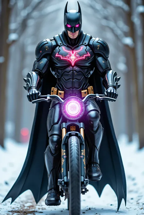 Batman super hyper realistic carechter sleek elegant armor, radiant metal, intricate detail, celestial infernal asthetics, runes and sigils, central crystal core, pulsing energy, multicolored light, prismatic glow, muscler body, riding a bicycle on the sno...