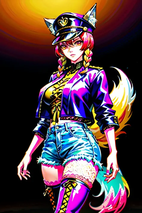 (best quality:2.0), (crisp:2.0), (highres:2.0), (((a rich yellow and pink gradient wolf tail:2.0))), anime, full body:2.0, (single image), (solo beautiful lady:2.0), (masterpiece:2.0), (detailed face:2.0), (detailed eyes:1.4), ((denim shorts:2.0)), ((thick...