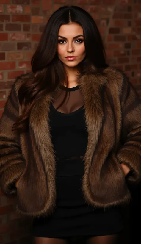 VictoriaJustice, extremely detailed, highres, brick wall background, beautiful detailed woman, beautiful detailed brown eyes, light on face, cinematic lighting, looking at viewer, POV, fur coat, black top, skirt, pantyhose, solo.