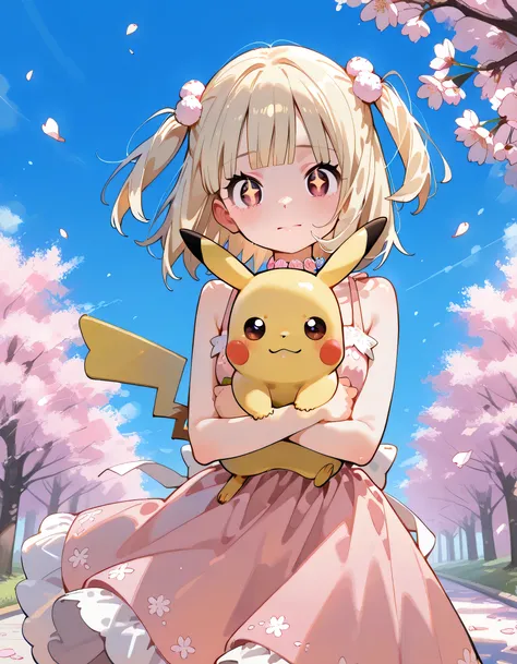 (throw),sfw, (looking at viewer),(closed up face+),alone,14years old,natural cosmetic,Blonde two side up ,blunt bangs,Adult older sister's face,Russian, sakura spring party dress,shiny skin,cute female face,Pokémon World, A woman in her 20s walking on a pa...
