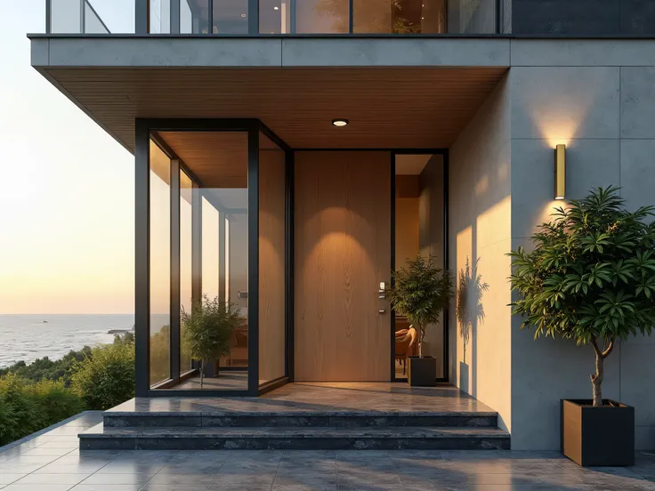 sunlight effect、Seaside modern commercial housing high-rise flat、家的入门口One side of the balcony、One side of the balcony、Large glass window on one side of the wall 、There is a glass window on the outside of the wall、The sun shines directly on the gate、The ent...