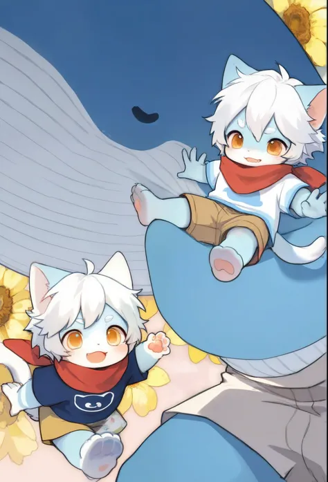 Whale Boy  ， furry boy， Toddler，Three flower cats ， White hair，  blue skin，Whale Tail， red scarf ，  shorts，Short sleeve，