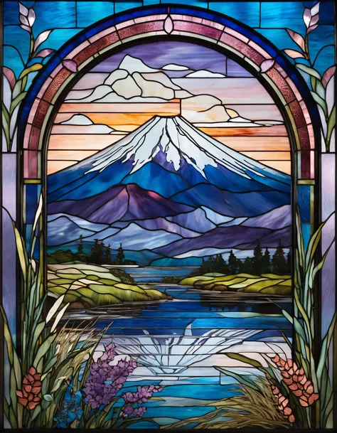 Imagine a stunning stained glass window featuring the majestic Mount Fuji as the centerpiece, gracefully surrounded by flowing fields of pampas grass. The iconic mountain is presented in an elegant pose, its peaks captured in vibrant colors that reflect th...