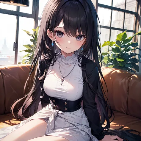  beautiful, Interwoven white and blue dress, A small jewel necklace around the neck, exterior, Cafe seats,  window,  Sitting, afternoon,  smiles, 
(solo:1.1), 
( one girl:1.2), ( detailed and perfect long black hair :1.2), ( detailed and perfect long black...