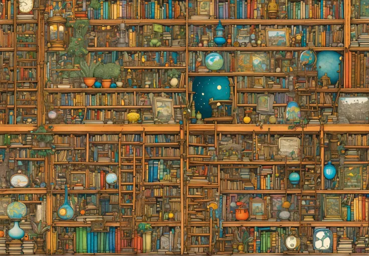  close-up of a wall of books lined with various items,  insanely complicated ,  very detailed, Magic Library, , A room like a puzzle, Shelves full, Bookshelf, inspired by Mattias Adolfsson,   dense hypermaximalist metropolis  ,  Rare Collection ,  Conrad V...