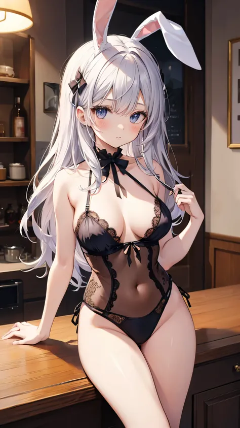 An anime girl with bunny ears and lingerie is posing at the counter　 Masterpiece,  top quality,  Details,  Hi-Res,  very delicate and beautiful  , ( ãã “ã¼ ã└ ¼ ã" ), (Chest)