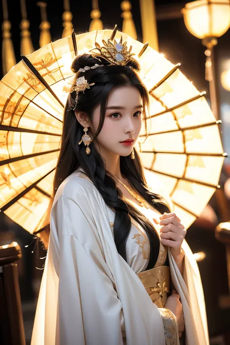 Black Hair, Immortal, Beauty, Royal sister, Stepmother, White Taoist robe, Golden Phoenix Coronet, Hair Bunch, Mature Woman