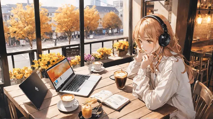 Cafe terrace seating、 headphones、18 years old、 headphones、 laptop、Cafe latte、 dried flowers