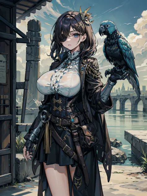 earring, huge breasts, wavy hair, hair behind ear, very short hair, updo, hair ornament, (black hair:1.2), cowboy shot, outdoor, Practical pirate clothing, Long-sleeved pirate top, Skirt, coat, corset, black cape, parrot, half eyepatch, (prosthetic arm:1.2...